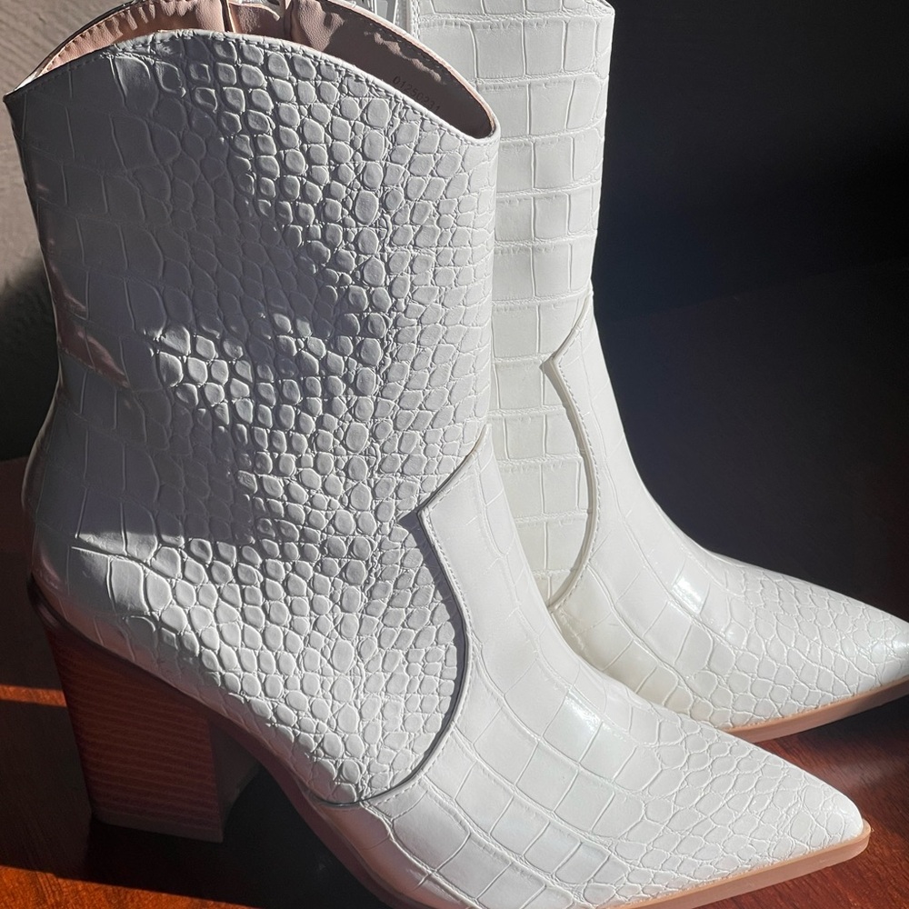 White Croc-Embossed Cowboy Ankle Boots